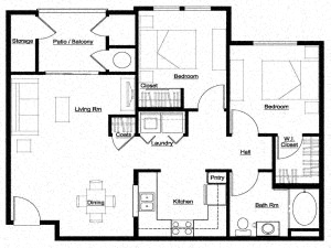 Floor plan for 2 beds, 1 bath, 909 sqft